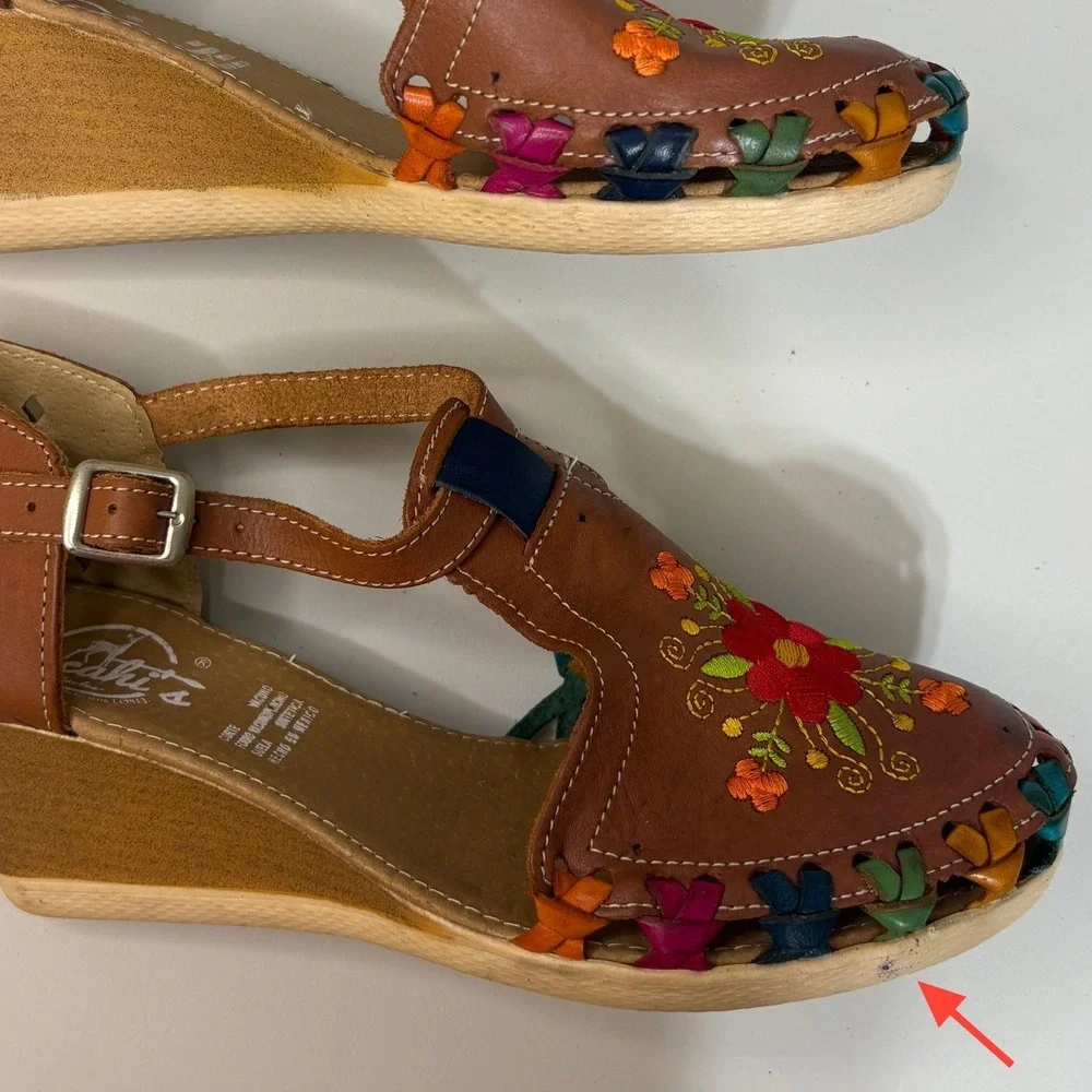 Cacahi's Mexican Huarache Wedge Sandal Sz 9 Tan Floral Strappy Shoe Boho Culture